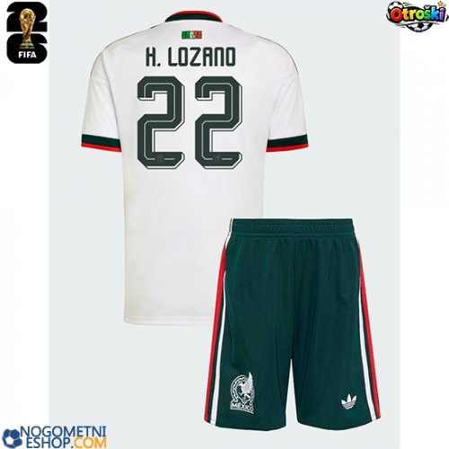 Otroški Nogometni dresi Mehika Hirving Lozano #22 Gostujoči SP 2026 Kratek Rokav (+ Kratke hlače)